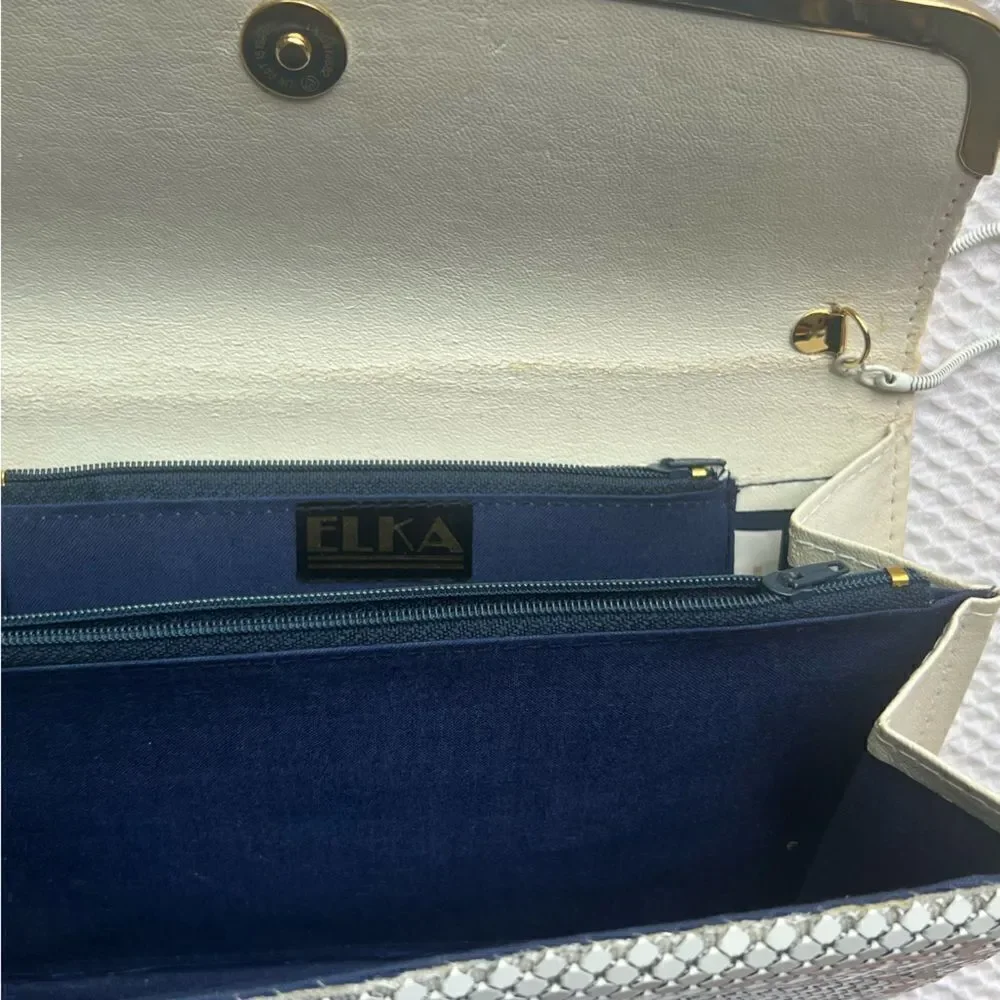Vintage ELKA Handbag Shoulder Purse White Gold Black Silver Sequin Metal